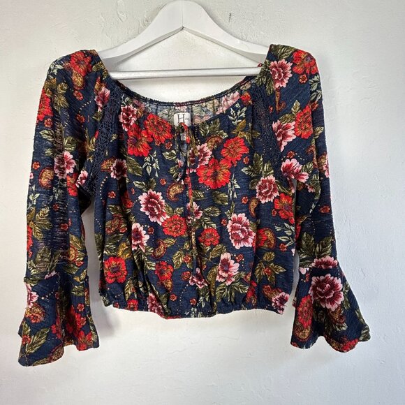 Haute Project Womens Floral Boho Bell Sleeve Cropped Top Blouse Large Navy/Red - Picture 1 of 8